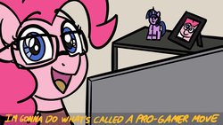 Size: 1920x1080 | Tagged: safe, artist:ashtoneer, pinkie pie, earth pony, pony, g4, dialogue, female, glasses, looking at you, mare, meme, ponified, smiling, solo