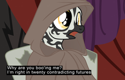 Size: 2160x1392 | Tagged: safe, artist:aaronmk, oc, oc:pythia, zebra, fallout equestria, fallout equestria: homelands, caption, chair, clothes, fanfic art, female, filly, hannibal buress, robe, the eric andre show
