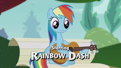 Size: 1920x1080 | Tagged: safe, edit, edited screencap, screencap, rainbow dash, pegasus, pony, g4, animated, bench, caption, cropped, female, foal house, full house, guitar, mare, musical instrument, no sound, official content, rainbow dash sure loves guitar, reference, sitting, solo, text, that pony sure does love playing the guitar, tree, webm
