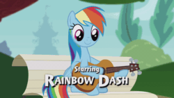 Size: 960x540 | Tagged: safe, edit, edited screencap, screencap, rainbow dash, pegasus, pony, g4, animated, bench, caption, cropped, female, foal house, full house, gif, guitar, mare, musical instrument, official content, rainbow dash sure loves guitar, reference, sitting, solo, text, that pony sure does love playing the guitar, tree