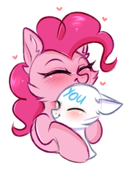 Size: 1660x2185 | Tagged: safe, artist:pesty_skillengton, pinkie pie, earth pony, pony, :t, blushing, cheek fluff, commission, cute, diapinkes, ear fluff, eyes closed, female, floppy ears, fluffy, generic pony, heart, hnnng, hug, mare, ponk, simple background, size difference, sketch, smiling, unknown pony, white background, you, your character here