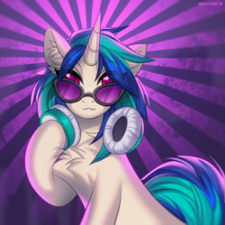 Size: 1000x1000 | Tagged: safe, artist:margony, dj pon-3, vinyl scratch, pony, unicorn, g4, abstract background, chest fluff, ear fluff, female, headphones, looking at you, mare, solo, sunburst background, sunglasses