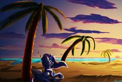 Size: 1095x730 | Tagged: safe, artist:bluenight01, princess luna, alicorn, pony, g4, beach, cute, female, headphones, hoof shoes, jewelry, lunabetes, mare, music notes, ocean, palm tree, regalia, solo, sunset, tree, water, x0000 milestone