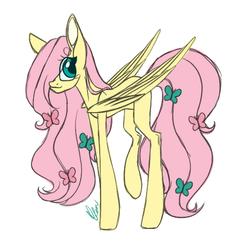 Size: 1280x1360 | Tagged: safe, artist:donnie-moon, fluttershy, pegasus, pony, g4, eye clipping through hair, female, hair ornament, hair over one eye, looking at you, mare, simple background, smiling, solo, standing, three quarter view, white background, wings