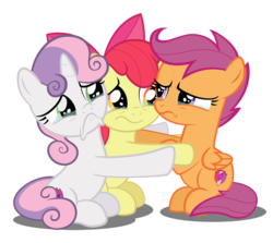 Size: 947x844 | Tagged: safe, artist:spellboundcanvas, apple bloom, scootaloo, sweetie belle, earth pony, pegasus, pony, unicorn, g4, the last crusade, comforting, crying, cuddling, cutie mark, cutie mark crusaders, female, filly, full body, group hug, hug, simple background, teary eyes, the cmc's cutie marks, transparent background, vector