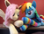 Size: 1958x1469 | Tagged: safe, artist:qtpony, fluttershy, rainbow dash, bat pony, pony, g4, bat ponified, bedroom eyes, choker, chokershy, clothes, female, flutterbat, holding hooves, irl, photo, plushie, race swap, ship:flutterdash, shipping, socks, striped socks