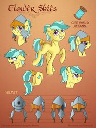 Size: 1280x1707 | Tagged: safe, artist:helmie-art, oc, oc only, oc:flower skies, earth pony, pony, butt, cute, female, freckles, helmet, looking at you, mare, ocbetes, plot, reference sheet, smiling, tail wrap