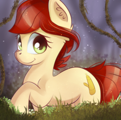 Size: 1280x1277 | Tagged: safe, artist:autumnvoyage, oc, oc only, oc:canni soda, earth pony, pony, female, forest, looking at you, mare, raised hoof, smiling, solo