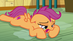 Size: 1920x1080 | Tagged: safe, screencap, scootaloo, pegasus, pony, g4, the last crusade, crying, cutie mark, female, filly, foal, lying down, prone, puddle, sploot, teary eyes, the cmc's cutie marks