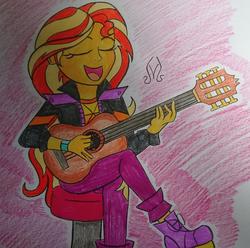 Size: 1280x1271 | Tagged: safe, artist:dncsamsonart, sunset shimmer, equestria girls, g4, my little pony equestria girls: better together, acoustic guitar, eyes closed, female, guitar, musical instrument, sitting, solo, stool, traditional art