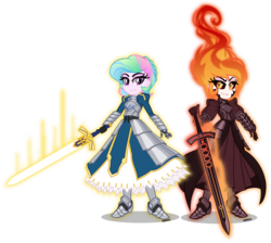 Size: 5000x4479 | Tagged: safe, artist:orin331, daybreaker, princess celestia, equestria girls, g4, absurd resolution, anime, armor, corrupted, duo, equestria girls-ified, excalibur, excalibur morgan, fate/grand order, fate/stay night, female, saber, saber alter, sword, weapon, young celestia
