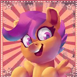 Size: 894x894 | Tagged: safe, artist:eggyb-932, scootaloo, pegasus, pony, g4, bust, cute, cutealoo, female, filly, open mouth, portrait, solo, stars, sunburst background