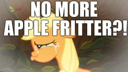 Size: 2048x1152 | Tagged: safe, edit, edited screencap, screencap, applejack, earth pony, pony, g4, going to seed, apple fritter (food), caption, crying, crying on the outside, female, filly, filly applejack, food, image macro, sad, teary eyes, text, younger
