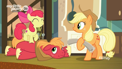 Size: 1920x1080 | Tagged: safe, screencap, apple bloom, applejack, big macintosh, earth pony, pony, g4, going to seed, :-s, adorabloom, apple siblings, cute, discovery family logo, excited, eyes closed, female, filly, foal, frown, hoof hold, lying down, male, mare, messy mane, smiling, stallion, tired, trio, trotting, trotting in place