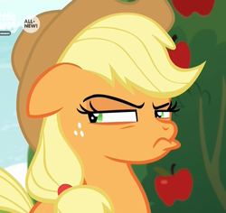 Size: 1116x1054 | Tagged: safe, screencap, applejack, earth pony, pony, g4, going to seed, apple, apple tree, applejack is not amused, cropped, female, floppy ears, food, frown, grumpy, mare, narrowed eyes, solo, suspicious, tree, unamused