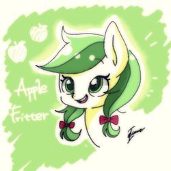 Size: 630x630 | Tagged: safe, artist:zoomiso, apple fritter, earth pony, pony, g4, apple, apple family member, bow, bust, cute, female, food, fritterbetes, hair bow, mare, open mouth, portrait, solo