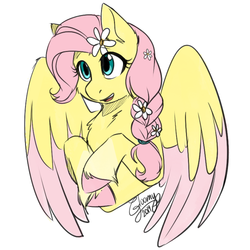 Size: 750x750 | Tagged: safe, artist:cosmalumi, fluttershy, pegasus, pony, alternate hairstyle, braid, bust, cheek fluff, chest fluff, coat markings, colored hooves, colored wings, colored wingtips, cute, ear fluff, female, flower, flower in hair, fluffy, hoof fluff, hooves to the chest, leg fluff, mare, neck fluff, open mouth, shyabetes, signature, simple background, smiling, socks (coat markings), solo, spread wings, three quarter view, two toned wings, unshorn fetlocks, white background, wings