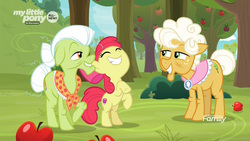 Size: 1920x1080 | Tagged: safe, screencap, apple bloom, goldie delicious, granny smith, earth pony, pony, g4, going to seed, adorabloom, apple, apple tree, cute, excited, female, filly, foal, food, hoofy-kicks, mare, rearing, smiling, sweet apple acres, tree, trio