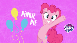 Size: 1657x931 | Tagged: safe, pinkie pie, earth pony, pony, g4, official, balloon, cutie mark, facebook, female, mare, my little pony logo, pinkie pie month, pinkie pie's cutie mark, smiling, solo, wallpaper