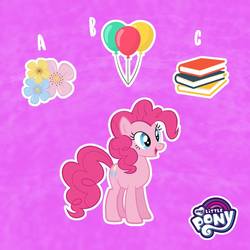 Size: 1080x1080 | Tagged: safe, pinkie pie, pony, g4, official, balloon, book, facebook, female, flower, my little pony logo, pinkie pie month, solo