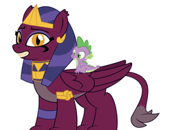 Size: 750x571 | Tagged: safe, edit, editor:undeadponysoldier, spike, the sphinx, sphinx, g4, adorable face, crack shipping, crown, cute, dragons riding sphinx's, fangs, female, jewelry, looking at you, macro, male, regalia, riding, ship:sphike, shipping, simple background, smiling, sphinxdorable, spike riding sphinx, spikelove, straight, teth, white background, wings, wings down