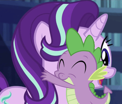 Size: 640x545 | Tagged: safe, edit, edited screencap, editor:undeadponysoldier, screencap, spike, starlight glimmer, dragon, pony, unicorn, g4, adorable face, book, bookshelf, castle, cropped, cute, daaaaaaaaaaaw, eyes closed, female, glim glam, happy, hug, library, male, mare, open mouth, ship:sparlight, shipping, smiling, straight