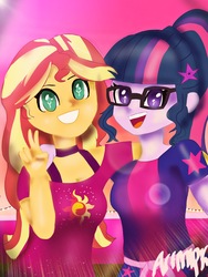 Size: 1536x2048 | Tagged: safe, artist:artmlpk, sci-twi, sunset shimmer, twilight sparkle, equestria girls, equestria girls specials, g4, my little pony equestria girls: better together, my little pony equestria girls: spring breakdown, duo, female, glasses, grin, open mouth, peace sign, ponytail, selfie, smiling