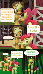 Size: 1920x3240 | Tagged: safe, artist:red4567, apple bloom, applejack, thorax, changedling, changeling, earth pony, pony, g4, going to seed, 3d, alternate ending, apple sisters, cage, changeling king, comic, female, filly, foal, implied great seedling, king thorax, look-alike, male, mare, source filmmaker, thorax is not amused, trap, trap (device), unamused