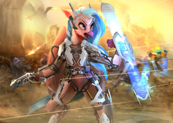 Size: 3508x2480 | Tagged: safe, artist:aidelank, silverstream, classical hippogriff, hippogriff, anthro, g4, armor, badass, female, high res, powered exoskeleton, science fiction, solo focus, weapon