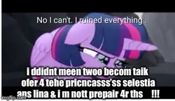 Size: 360x208 | Tagged: safe, edit, edited screencap, screencap, twilight sparkle, alicorn, pony, g4, my little pony: the movie, caption, crying, crylight sparkle, grammar, image macro, misspelling, no i can't i ruined everything, op had a stroke, text, twilight sparkle (alicorn)