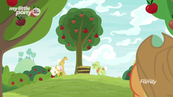 Size: 1600x900 | Tagged: safe, screencap, applejack, goldie delicious, granny smith, earth pony, pony, g4, going to seed, apple, apple tree, bucket, discovery family logo, female, food, laughing, mare, tree
