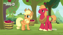 Size: 1600x900 | Tagged: safe, screencap, applejack, big macintosh, earth pony, pony, g4, going to seed, apple, apple orchard, apple tree, brother and sister, bucket, discovery family logo, female, food, male, mare, raised hoof, siblings, stallion, tree