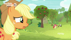 Size: 1600x900 | Tagged: safe, screencap, apple bloom, applejack, earth pony, pony, g4, going to seed, apple, apple orchard, apple sisters, apple tree, booby trap, cage, discovery family logo, female, filly, foal, food, male, mare, outdoors, rope, saddle bag, trap (device), tree