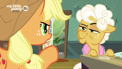 Size: 1600x900 | Tagged: safe, screencap, applejack, goldie delicious, earth pony, pony, g4, going to seed, discovery family logo, duo, female, kitchen, mare, narrowed eyes, open door, pointing, smiling, smirk, smug, table, unamused