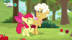 Size: 1600x900 | Tagged: safe, screencap, apple bloom, goldie delicious, earth pony, pony, g4, going to seed, apple, apple tree, boop, bush, cute, discovery family logo, duo, eyes closed, female, filly, foal, food, mare, my little pony logo, nose wrinkle, outdoors, raised hoof, tree