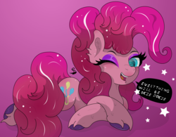 Size: 4848x3775 | Tagged: safe, artist:lunarcipher1, pinkie pie, earth pony, pony, g4, absurd resolution, beautiful, curly hair, cute, diapinkes, eyeliner, female, happy, heart eyes, long hair, looking at you, makeup, mare, one eye closed, pink, positive ponies, simple background, smiling, solo, stars, text, wingding eyes, wink