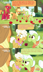 Size: 1600x2708 | Tagged: safe, edit, edited screencap, screencap, applejack, big macintosh, goldie delicious, granny smith, earth pony, pony, g4, going to seed, angry, apple, apple tree, comic, dialogue, discovery family logo, female, food, male, mare, my little pony logo, screencap comic, speech bubble, stallion, tired, tree, upset