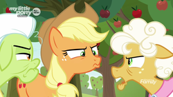 Size: 1600x900 | Tagged: safe, screencap, applejack, goldie delicious, granny smith, earth pony, pony, g4, going to seed, angry, apple, apple tree, argument, discovery family logo, duckface, female, food, mare, my little pony logo, narrowed eyes, suspicious, tree, trio, unamused, unhappy, upset