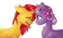 Size: 2298x1380 | Tagged: safe, artist:doekitty, sunset shimmer, oc, oc:wisteria, alicorn, pony, g4, alicorn oc, alicornified, canon x oc, crying, duo, female, lesbian, mare, race swap, shimmercorn, simple background, transparent background