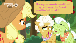 Size: 1600x900 | Tagged: safe, screencap, applejack, goldie delicious, granny smith, earth pony, pony, g4, going to seed, apple tree, bush, dialogue, discovery family logo, eyes closed, female, mare, my little pony logo, smug, speech bubble, tree, trio