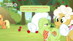 Size: 1600x900 | Tagged: safe, edit, edited screencap, screencap, applejack, goldie delicious, granny smith, earth pony, pony, g4, going to seed, apple, apple tree, dialogue, female, food, hair bun, mare, my little pony logo, speech bubble, tail bun, tree