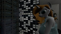 Size: 1920x1080 | Tagged: safe, artist:sevenxninja, oc, oc:love biscuit, unicorn, anthro, 3d, building, gmod, looking down, overthinking, plant