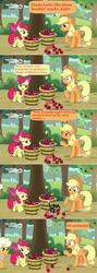 Size: 1598x4510 | Tagged: safe, edited screencap, screencap, apple bloom, applejack, goldie delicious, g4, going to seed, apple, bucket, bush, comic, dialogue, discovery family logo, food, screencap comic, speech bubble, tree