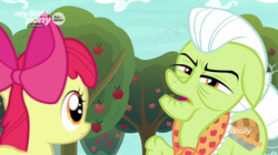 Size: 1600x898 | Tagged: safe, screencap, apple bloom, granny smith, g4, going to seed, apple, apple tree, discovery family logo, food, sneer, tree