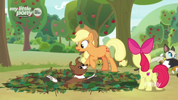 Size: 1600x900 | Tagged: safe, screencap, apple bloom, applejack, winona, cat, dog, earth pony, pony, g4, going to seed, apple, apple tree, butt, discovery family logo, falling, female, filly, foal, food, goldie delicious' cats, hole, leaves, mare, my little pony logo, pit trap, plot, trap (device), tree