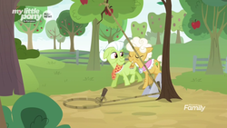 Size: 1600x900 | Tagged: safe, screencap, goldie delicious, granny smith, g4, going to seed, apple, apple tree, discovery family logo, fence, food, rope, snare trap, trap (device), tree