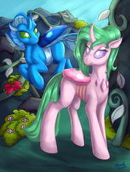 Size: 1980x2622 | Tagged: safe, artist:brushstroke, oc, oc only, oc:platinum band, oc:queen ludo, changedling, changeling, changedling oc, changeling oc, female, flying, outdoors, scenery