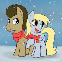 Size: 1000x1000 | Tagged: safe, artist:empyu, derpy hooves, doctor whooves, time turner, earth pony, pegasus, pony, g4, clothes, cute, duo, eye clipping through hair, female, male, mare, scarf, ship:doctorderpy, shipping, smiling, snow, snowfall, stallion, straight, winter