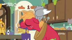 Size: 1280x720 | Tagged: safe, edit, edited screencap, screencap, sound edit, big macintosh, goldie delicious, cat, g4, going to seed, animated, bags under eyes, discovery family logo, floppy ears, food, goldie delicious' cats, kitchen, male, meme, messy mane, pancakes, sleep deprivation, solo, sound, the eric andre show, we'll be right back, webm