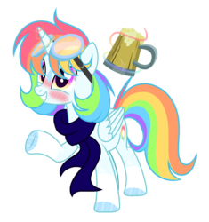 Size: 1516x1612 | Tagged: dead source, safe, artist:rainbows-skies, oc, oc only, oc:water star, alicorn, pony, cider mug, clothes, femboy, goggles, male, mug, not rainbow dash, scarf, simple background, solo, stallion, transparent background
